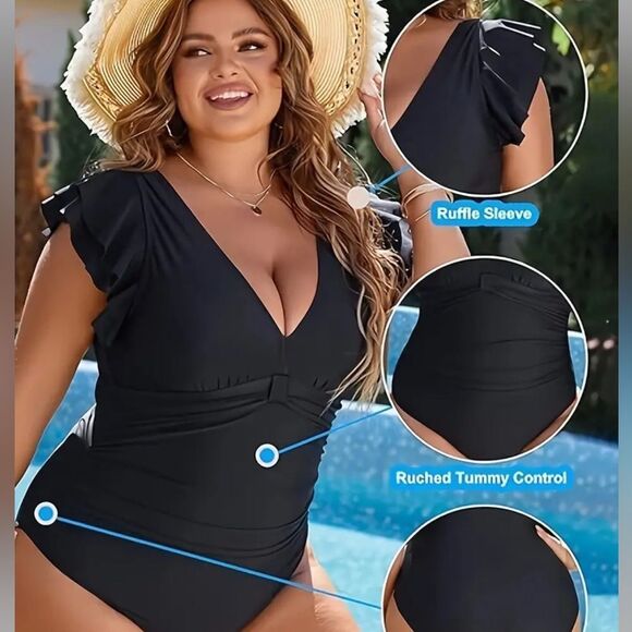 Stunner Black Ruffle Sleeve Swimsuit Size 1XL - Picture 2 of 6